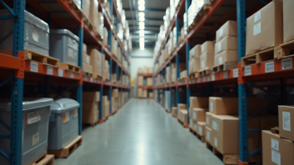 Eye-level view of a warehouse with organized return bins