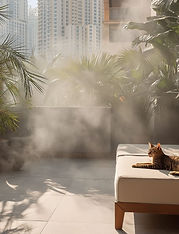 Pet lounging in a misted outdoor space or plants under light mist