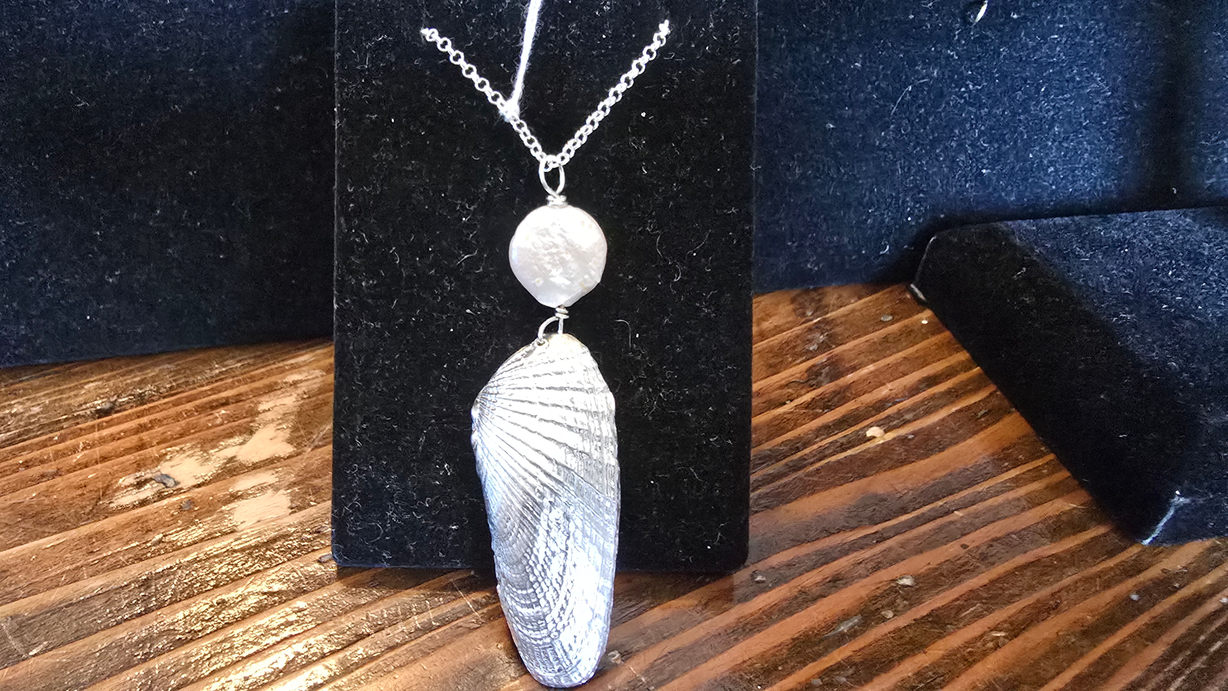 Cast sterling angelwing shell, coin pearl 20" chain necklace - Kathleen O'Neal