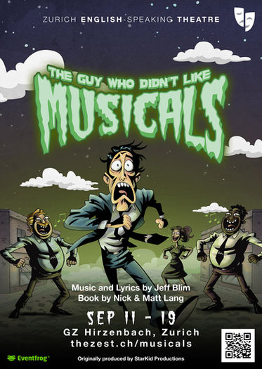 Promotional poster for the stage musical 'The Guy Who Didn’t Like Musicals' presented by ZEST, featuring event dates 11–19 September 2026 in Zurich.