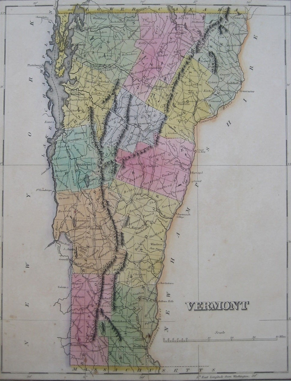 Handsome copper-engraved 1822 antique map of Vermont by Fielding Lucas, Jr., in original hand color.