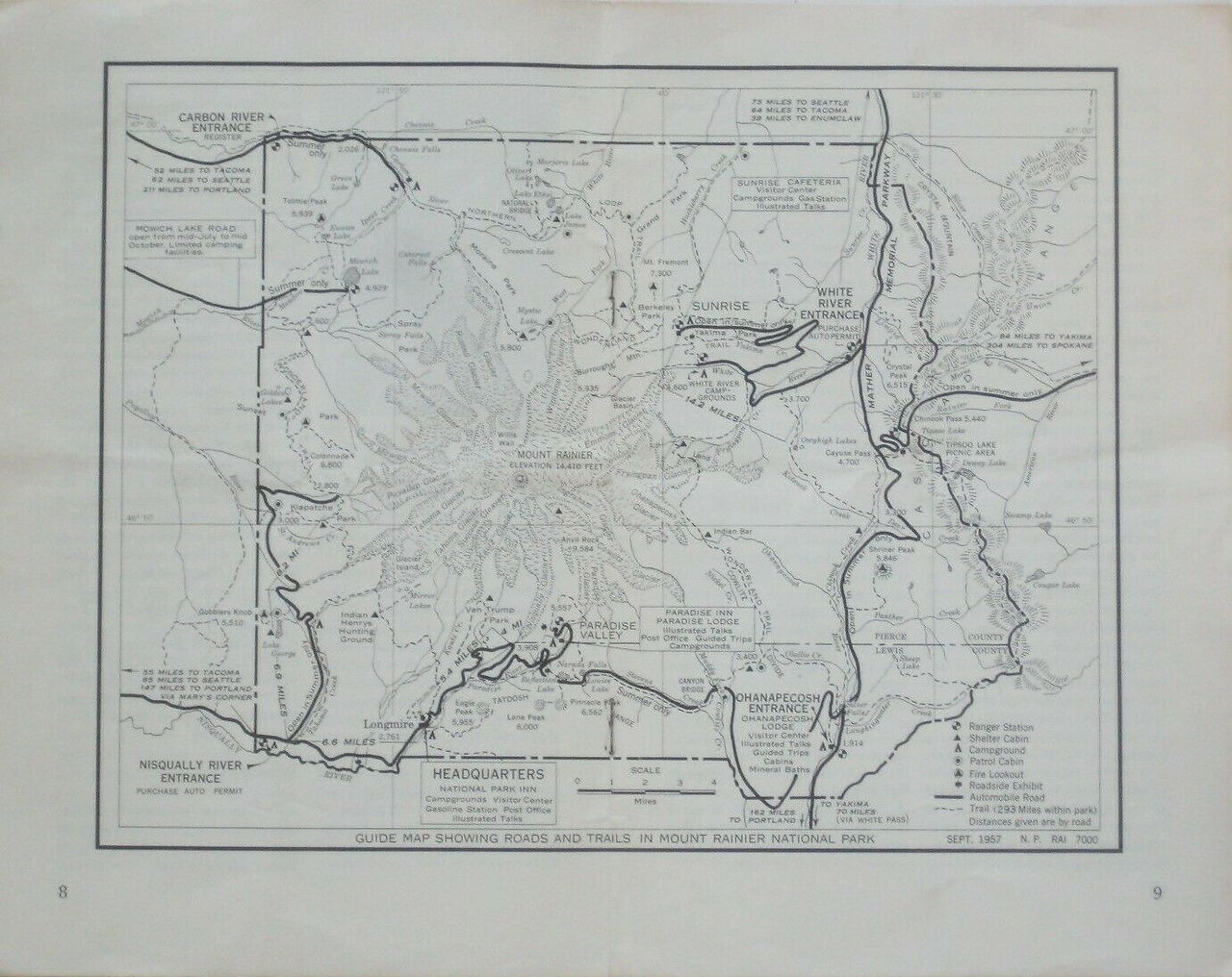 Official 1958 Mount Rainier National Park official map booklet, published by the United States Department of the Interior more than 62 years ago.