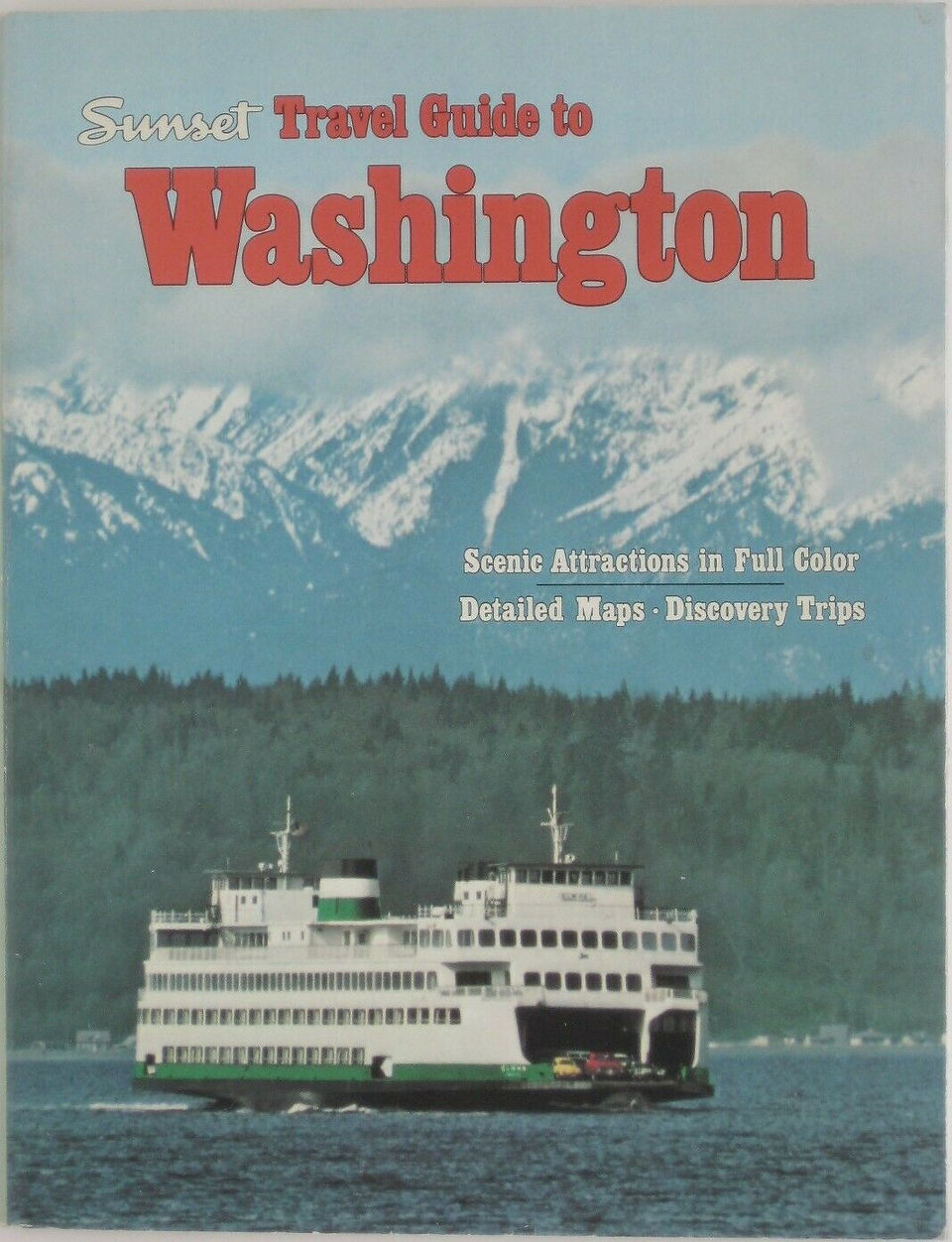 Handsome, stiff-cover edition of "Sunset Travel Guide to Washington," with a full-color photograph of the "M.V. Elwha" on the front cover.