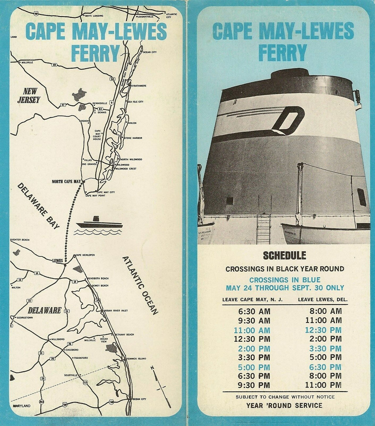 Fold-out Cape May-Lewes Ferry photo brochure, sailing schedule, and road map, printed more than 40 years ago.