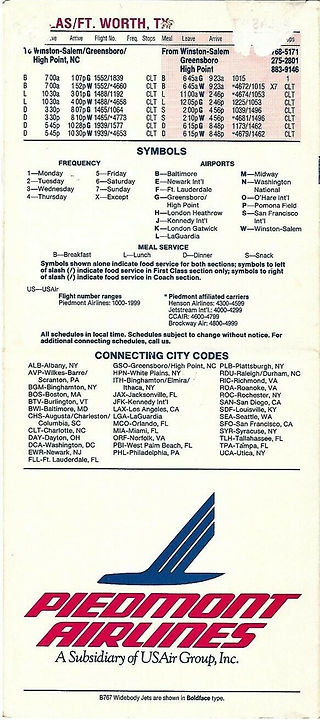 Fold-out Piedmont Airlines schedule of flights to and from Dallas-Fort Worth, Texas
