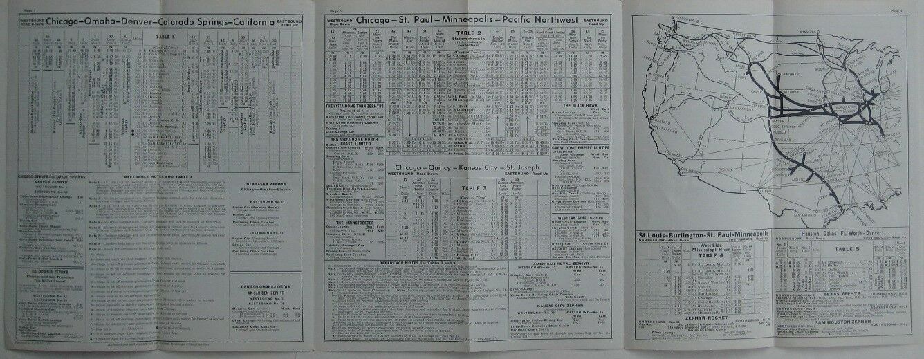 Fold-out 1961 timetables, fare schedules, and system map for the principal trains of the Burlington Route, printed more than 55 years ago