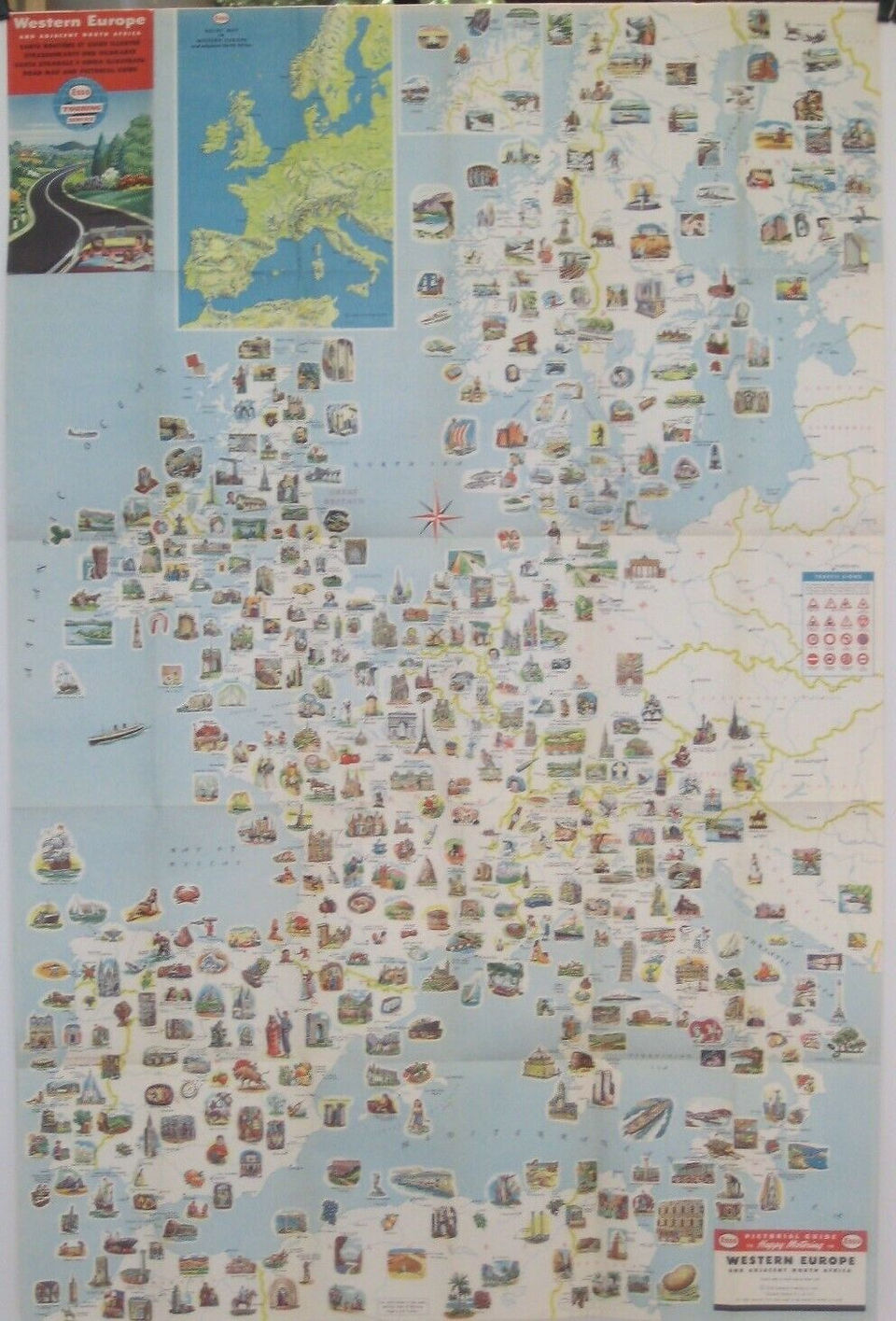 Large-format fold-out 1958 road map of Western Europe and adjacent North Africa, printed more than 62 years ago.