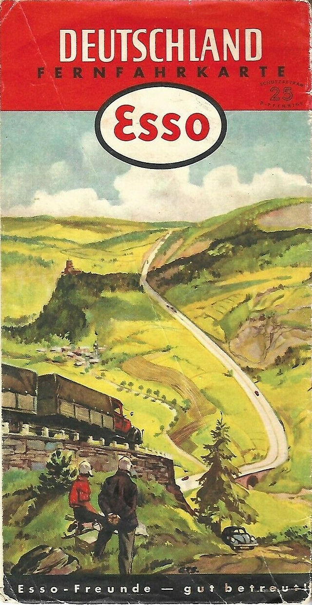 Handsome fold-out 1952 Esso road map of Germany, printed more than 68 years ago.