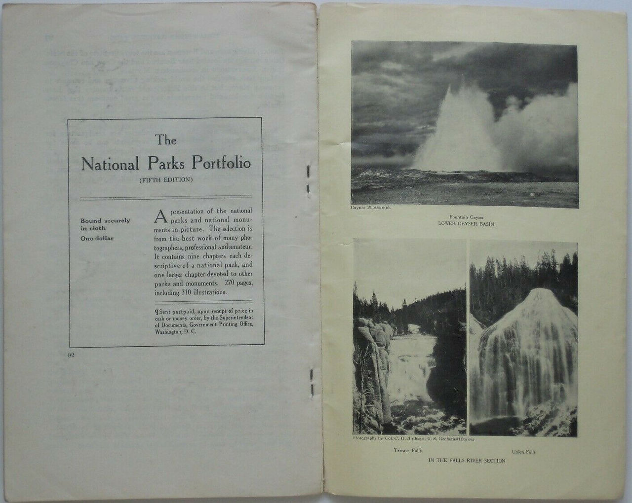 Official 1930 Department of the Interior booklet on Yellowstone National Park, printed more than 90 years ago.