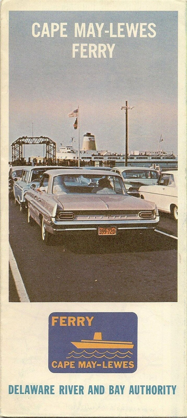 Handsome fold-out road map of New Jersey, Delaware, and parts of Maryland and Pennsylvania, promoting use of the Delaware Memorial Bridge and the Cape May-Lewes Ferry and printed more than 47 years ago.