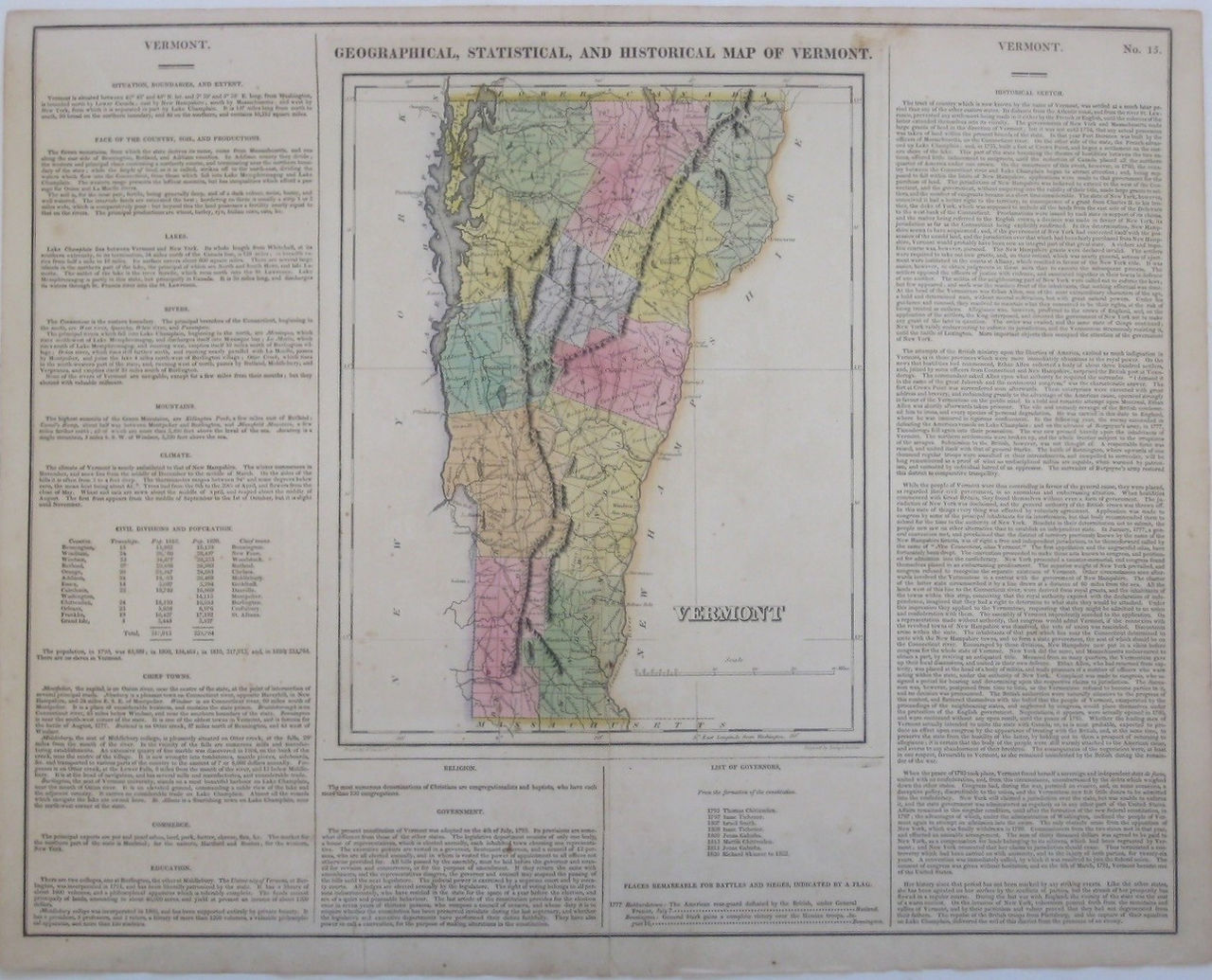 Handsome copper-engraved 1822 antique map of Vermont by Fielding Lucas, Jr., in original hand color.