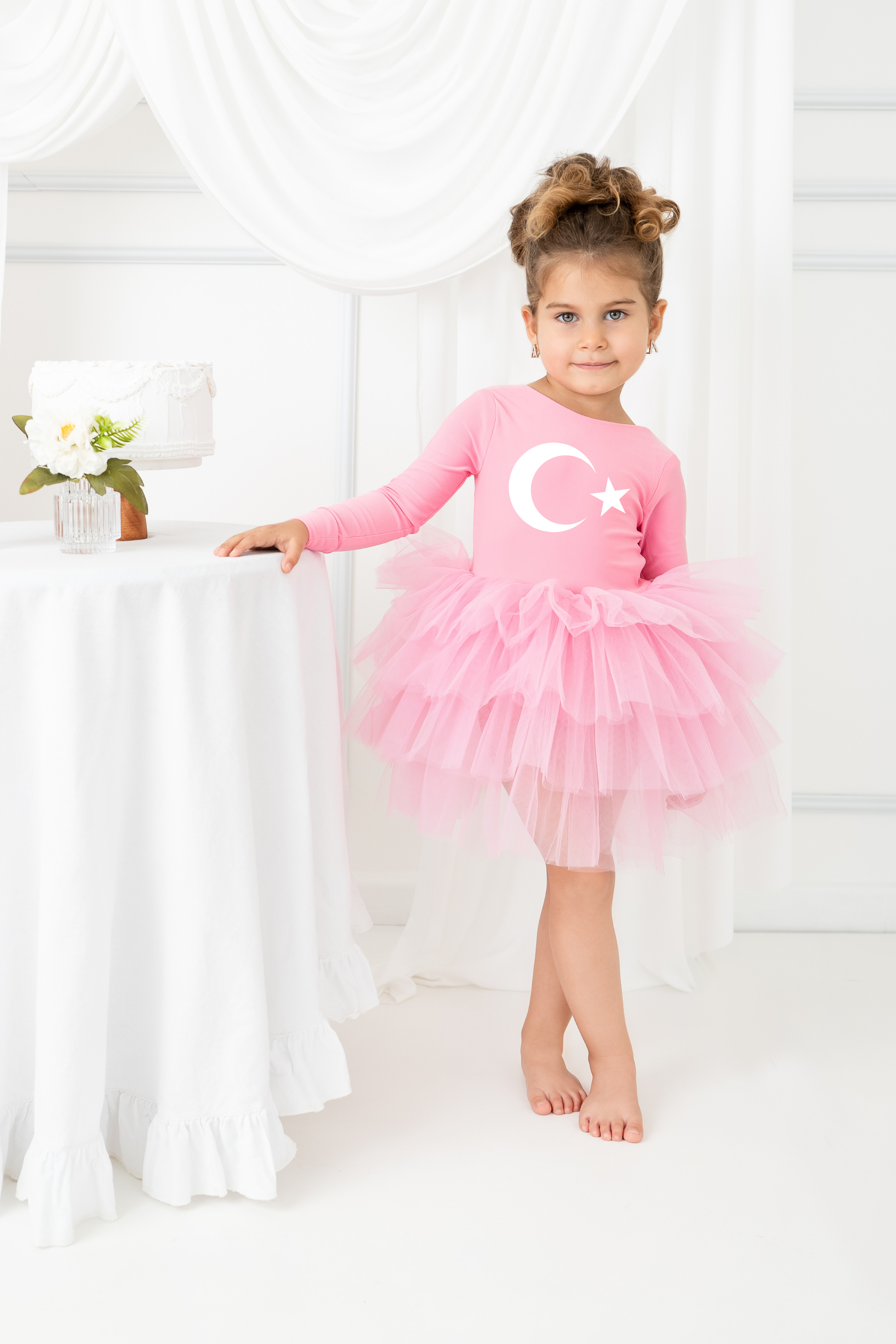 Kız Çocuk Kırmızı Beyaz 23 Nisan Gösteri Elbisesi - Bayrak Baskılı Tütü Bale