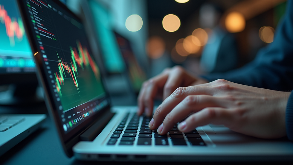 Eye-level view of a person analyzing stock market data on a laptop