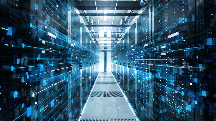 Shot of Corridor in Working Data Center Full of Rack Servers and Supercomputers with High