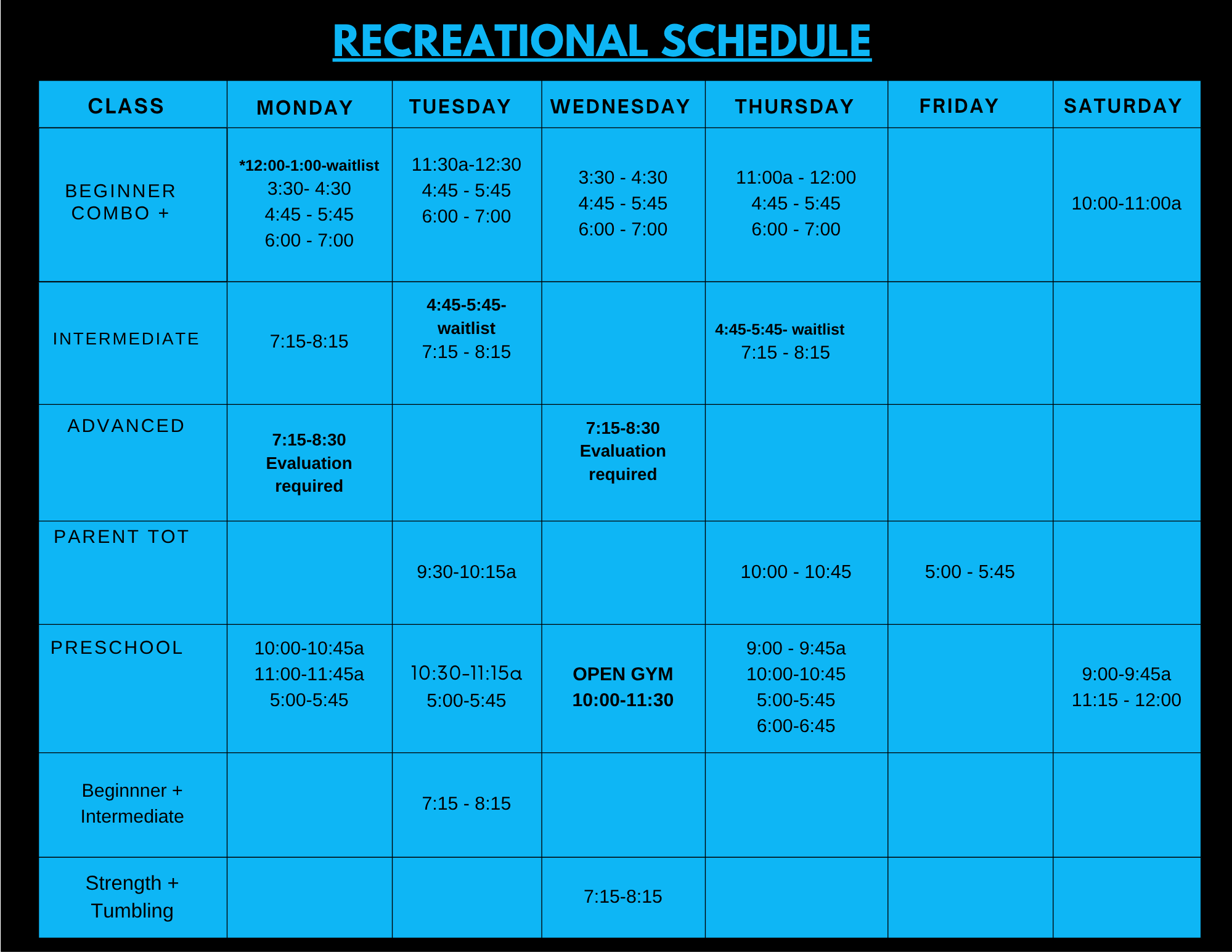 Lake Point Gymnastics class schedule