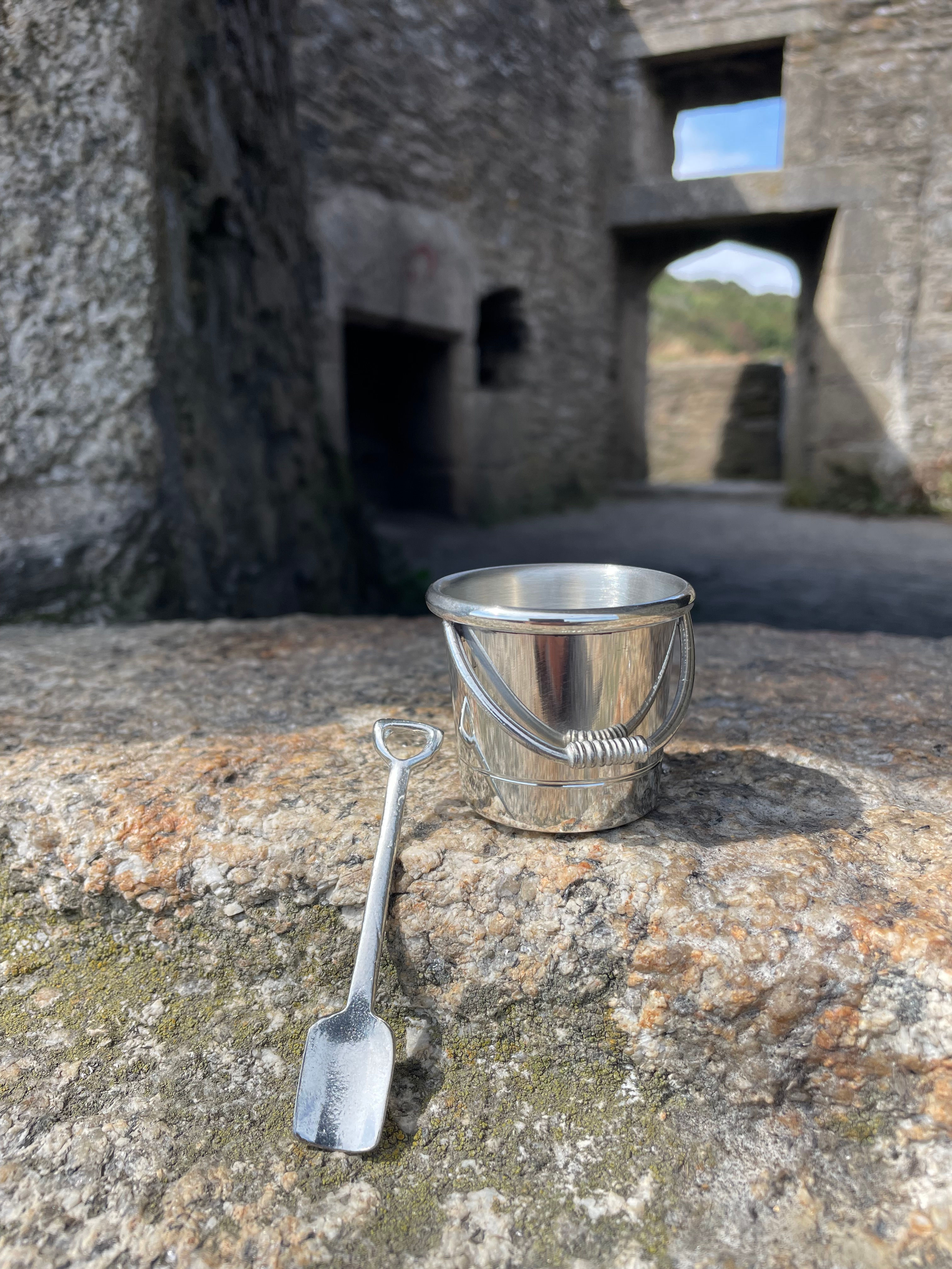 Pewter Bucket and Spade, Egg Cup and Spoon