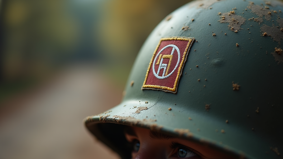 Close-up view of certified military helmet with quality assurance label