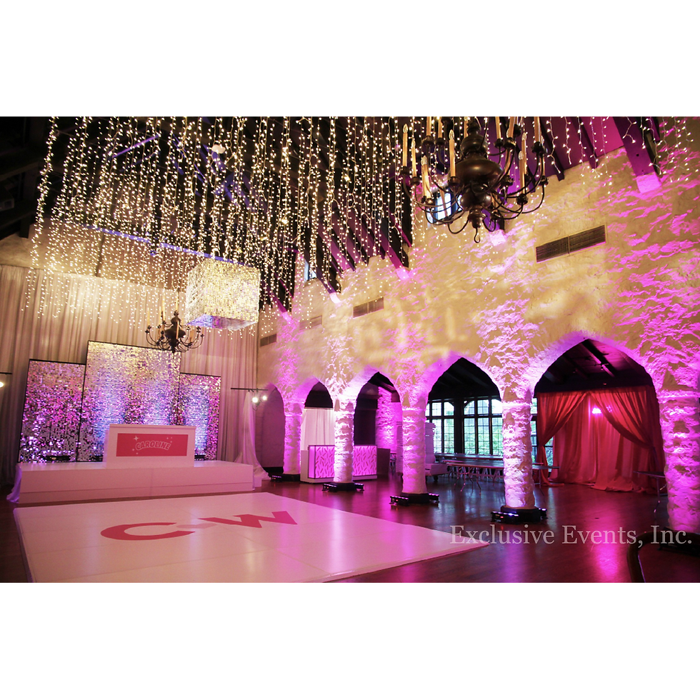 Pink uplighting twinkle light ceiling mirror disc backdrop white dance floor white stage gobo projections