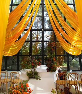 Glasshouse at River Oaks yellow silk drape backdrop elevated stage.JPG