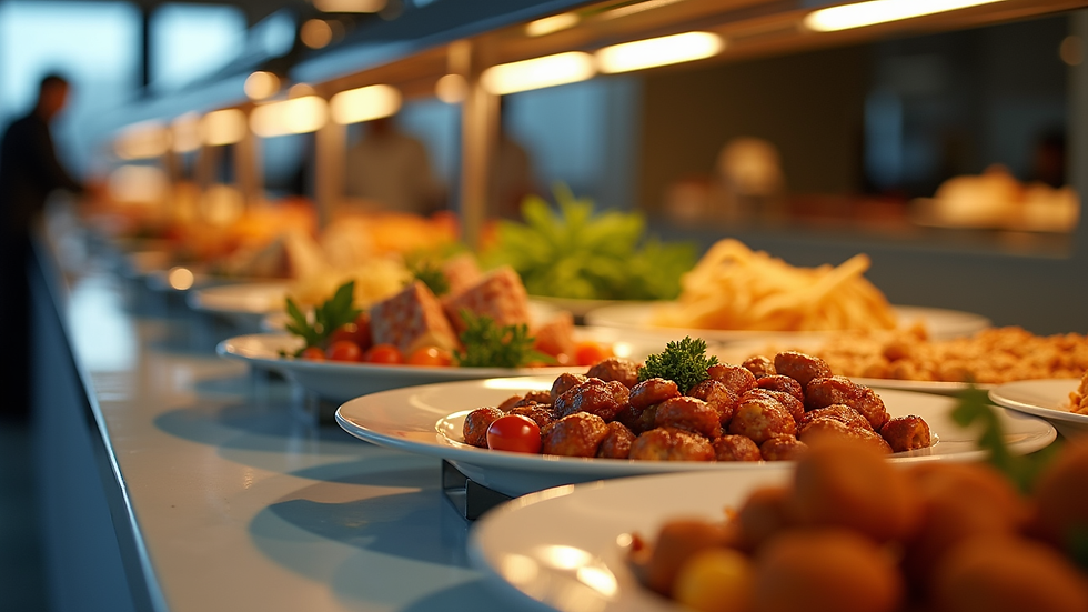 Eye-level view of a beautifully arranged corporate buffet table with diverse dishes