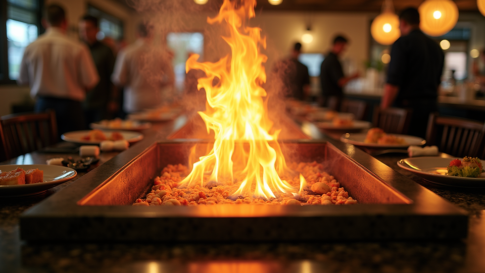 Eye-level view of a hibachi grill station set up for a catering event