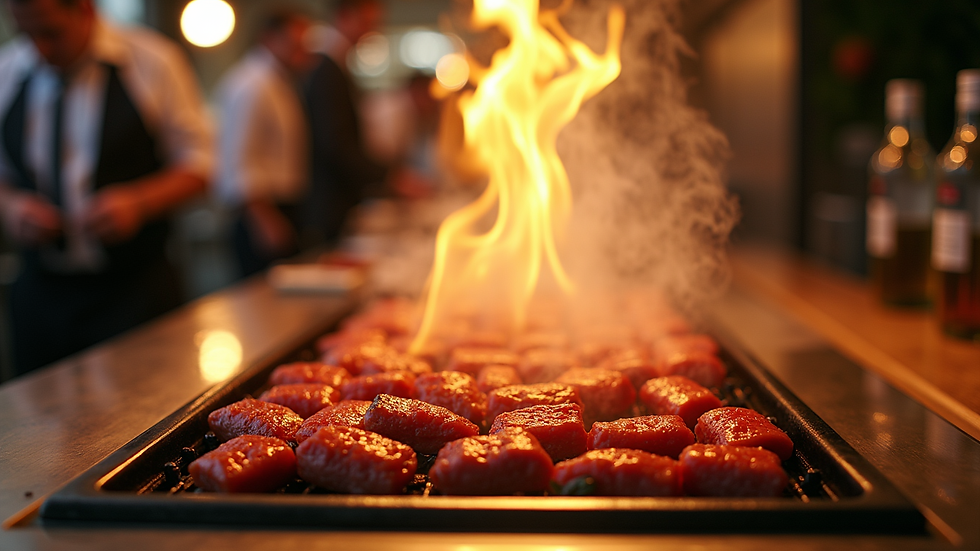 Eye-level view of a hibachi grill station set up for a catering event
