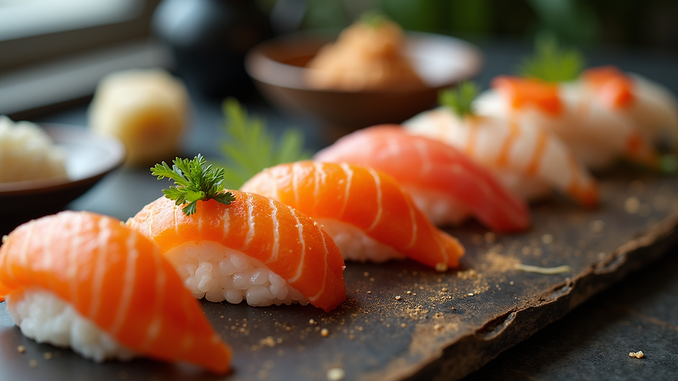 Close-up view of beautifully arranged sushi platter