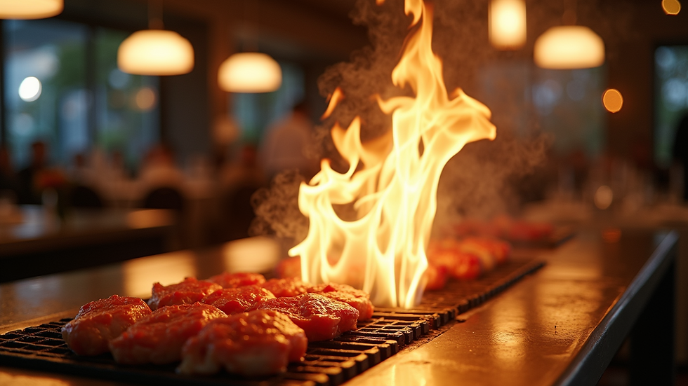Eye-level view of a hibachi grill station set up for a catering event