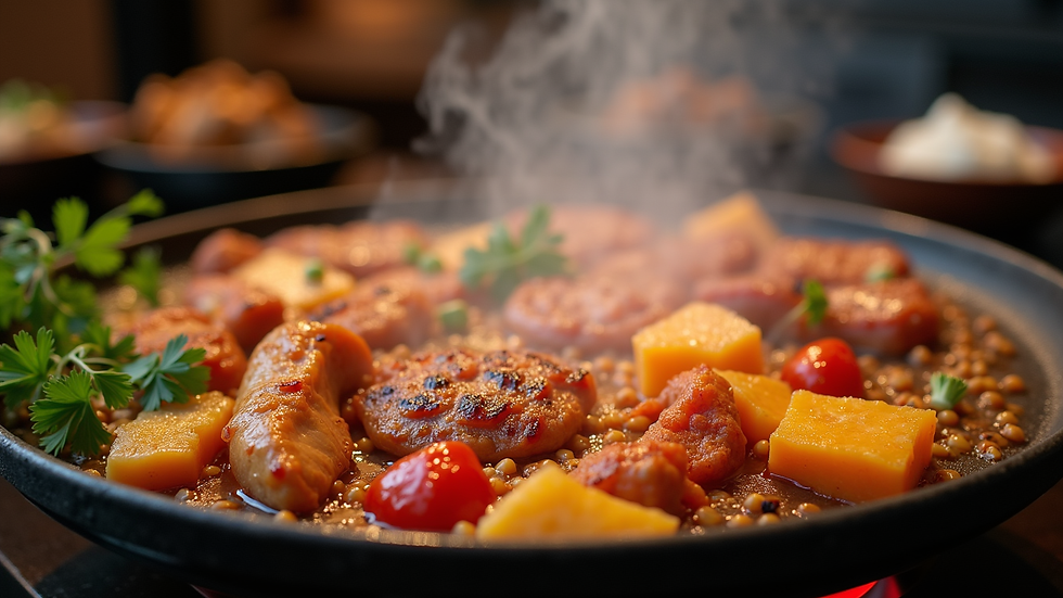Close-up view of a hibachi grill with sizzling vegetables and meats