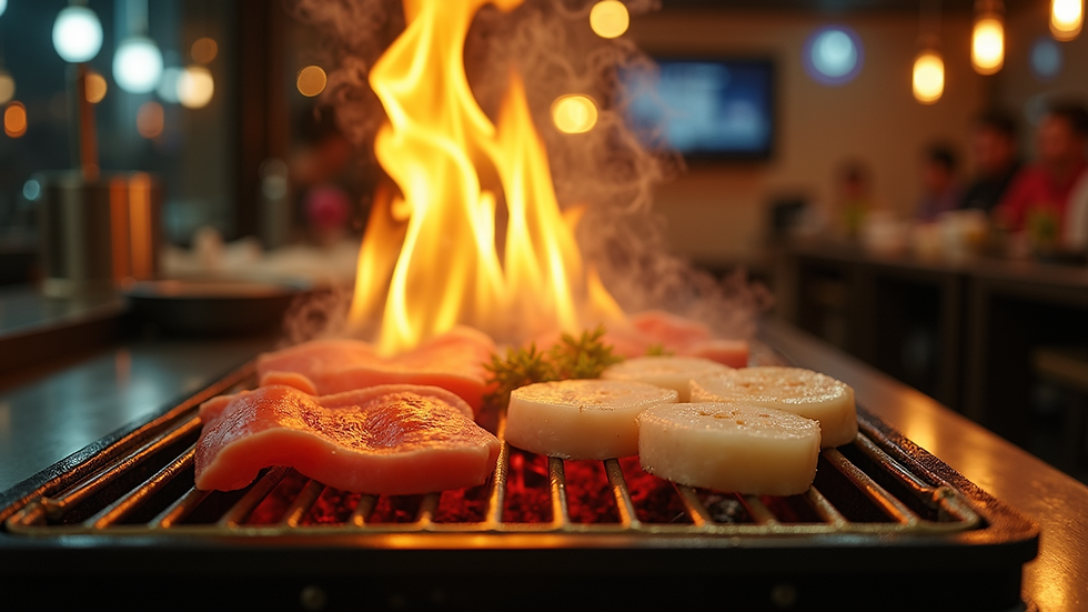 Eye-level view of a hibachi grill with flames and fresh ingredients cooking