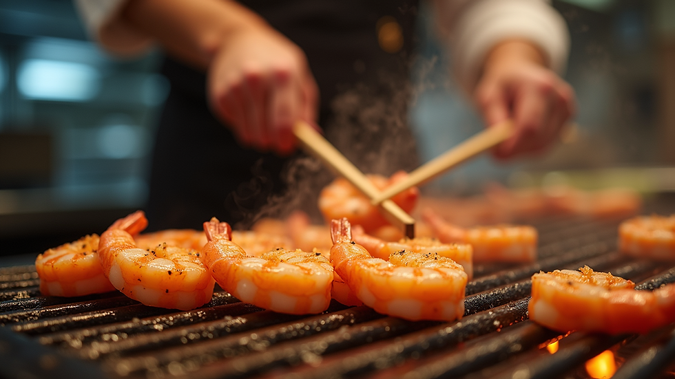 Close-up view of a hibachi chef flipping shrimp on the grill