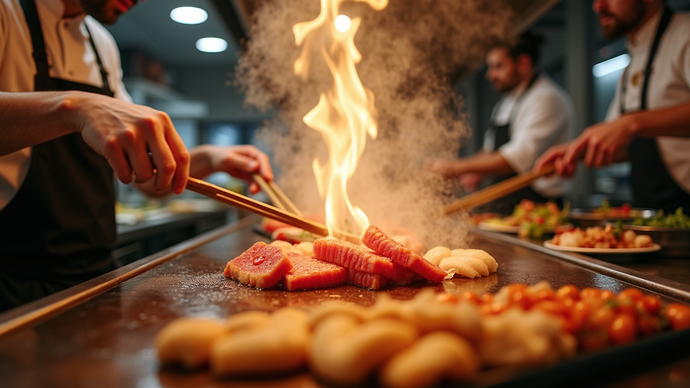 Close-up view of a hibachi grill station with chefs preparing food live