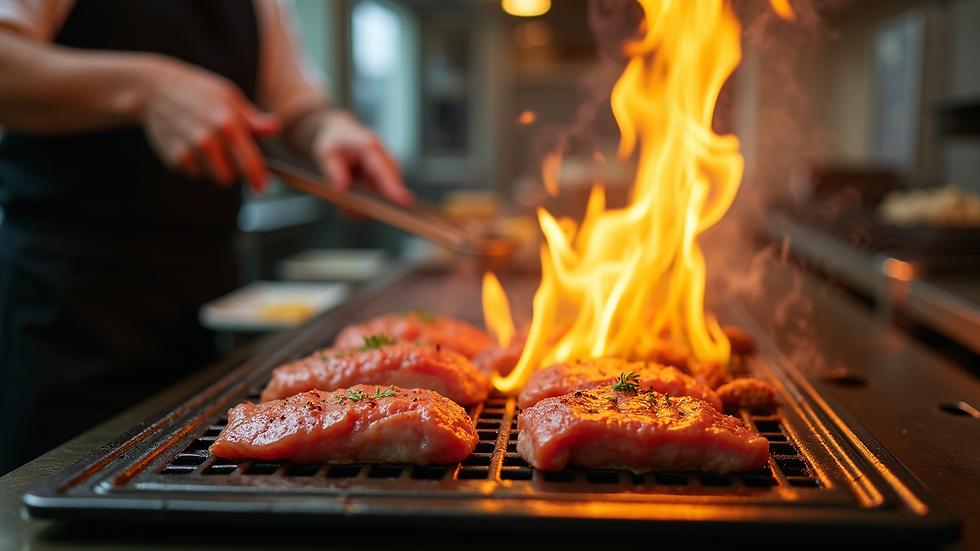 Close-up view of a hibachi chef preparing food on a grill with flames