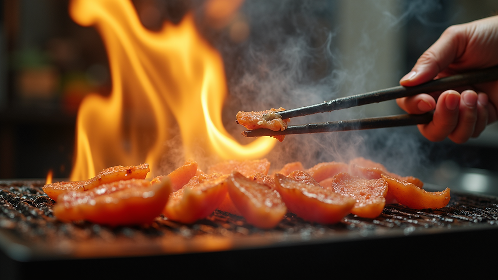 Close-up view of a hibachi chef cooking with flames on the grill