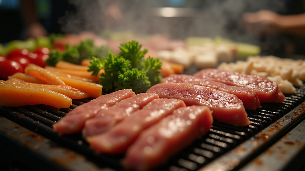 Eye-level view of a hibachi grill with fresh vegetables and meats cooking