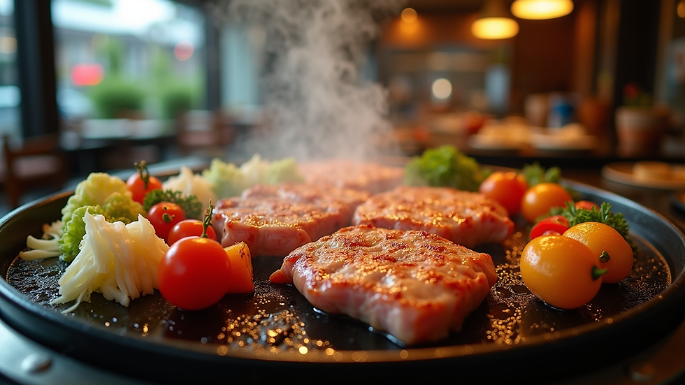 Eye-level view of a hibachi grill with fresh vegetables and meats cooking