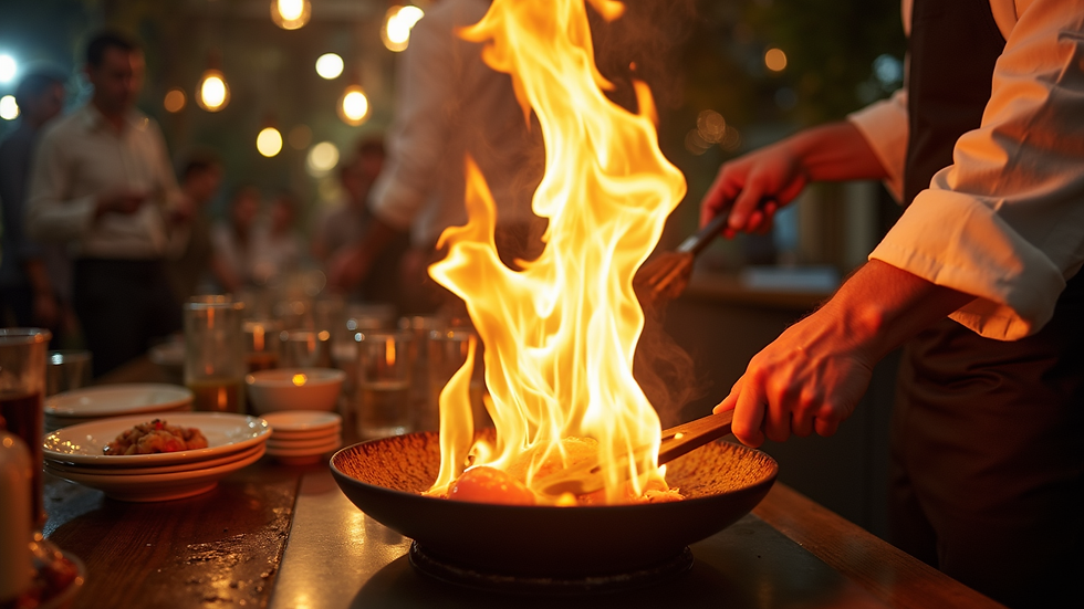 Eye-level view of hibachi chef performing cooking tricks at a party