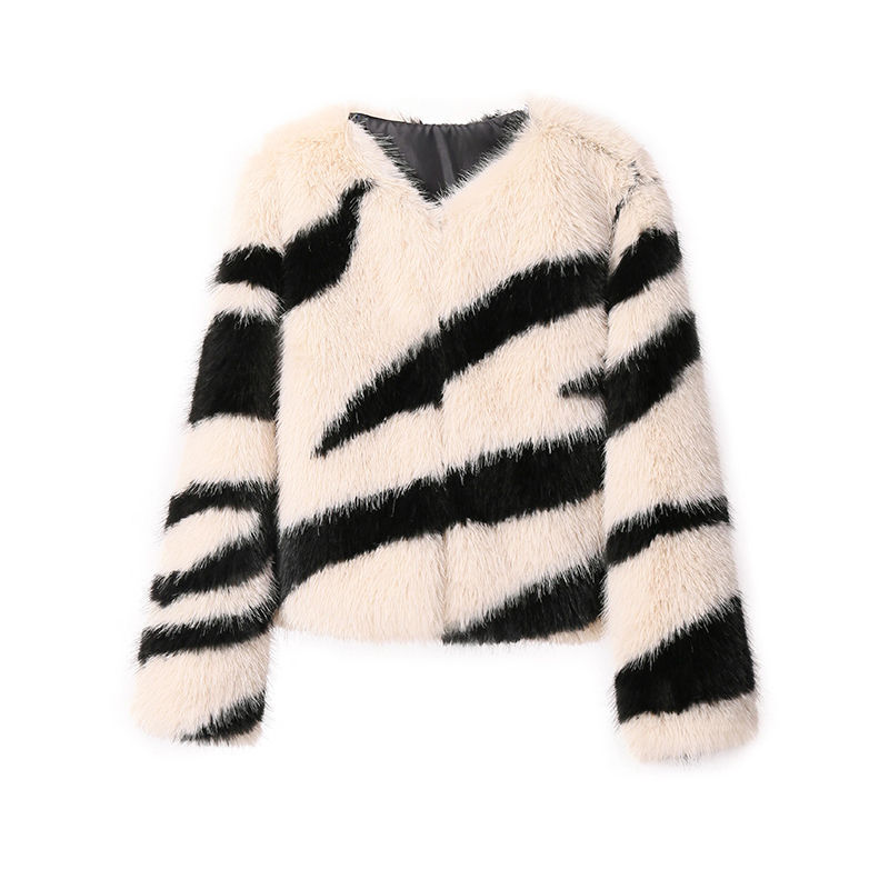 Thumbnail: Fluffy Zebra Faux Fur Coat