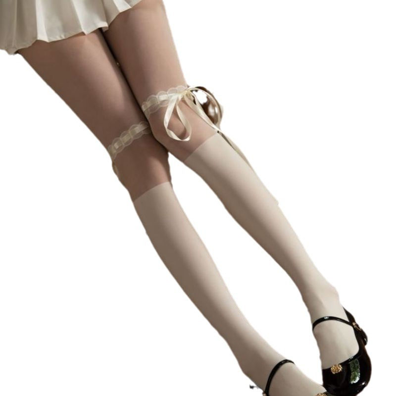 Thumbnail: Bow strap lace black and white silk stockings spring and summer thin pure pantyh