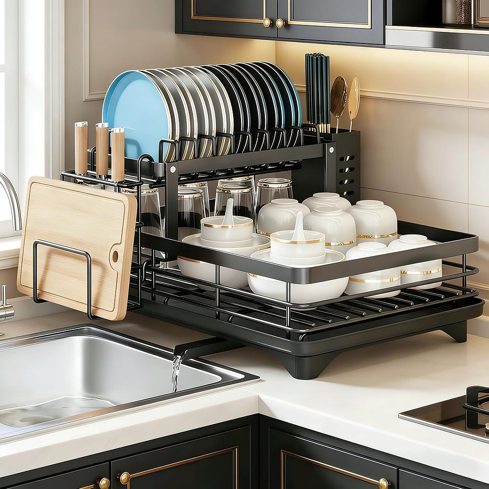 Thumbnail: 2-Tier Adjustable Kitchen Dish Drying Rack  360° Rotatable Drainage Tray Multi-