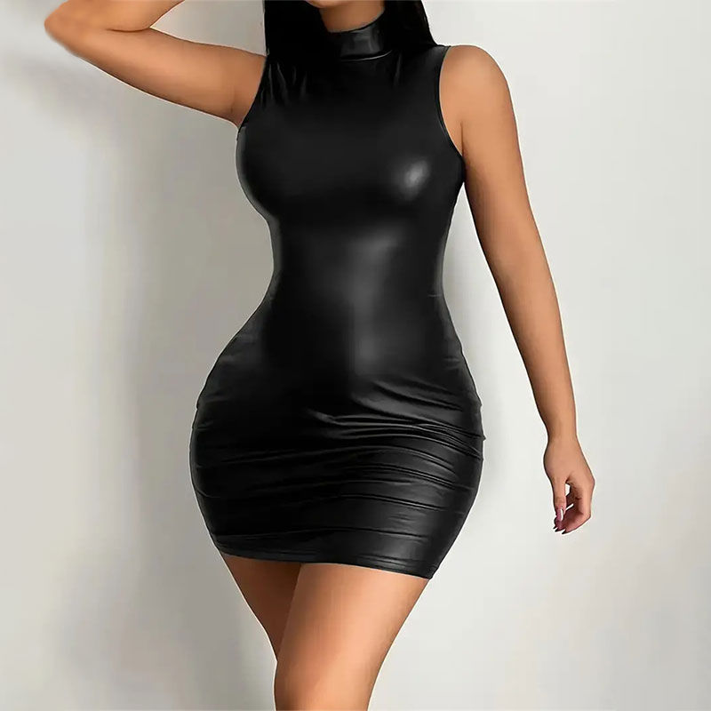 Thumbnail: Party Bodycon Pu Leather Lady s Solid Color Dress Sexy Sleeveless Slim Elastic L