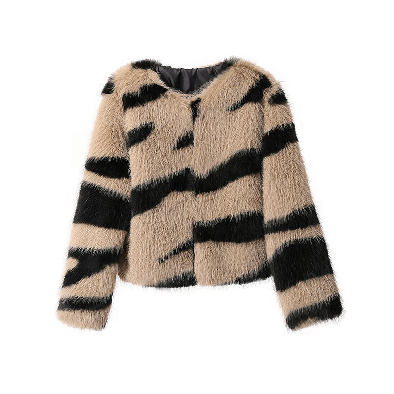 Thumbnail: Fluffy Zebra Faux Fur Coat