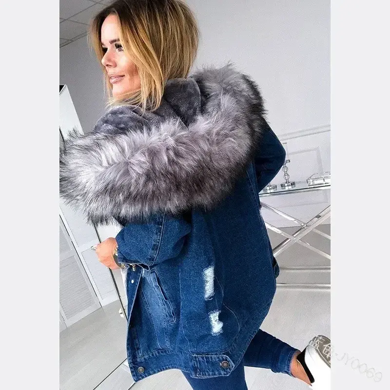 Thumbnail: Long Sleeve Denim Jacket Faux Fur Collar Hooded Coat
