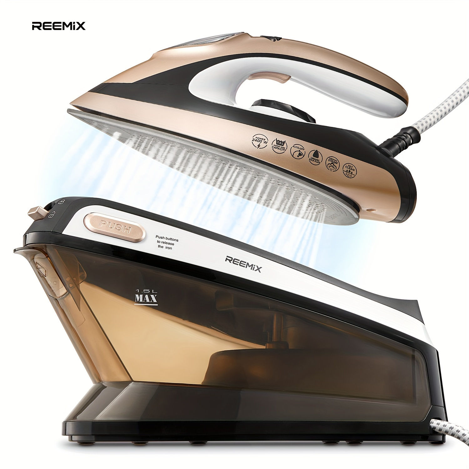 Reemix Steam Station Iron, 5.5 Bar Pressure, 1.5L Water Tank, Ceramic Soleplate,