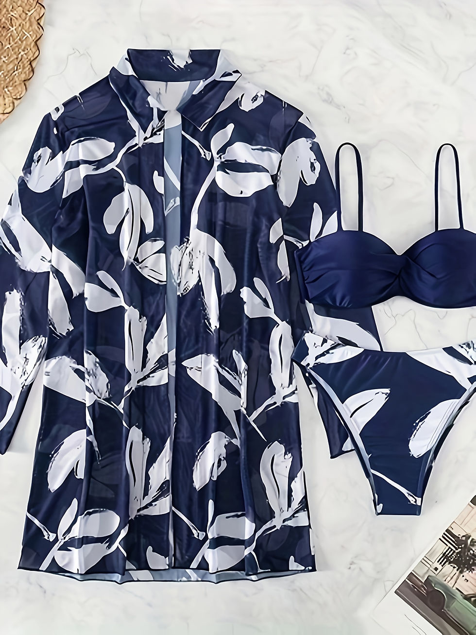 Thumbnail: 3 Piece Set Swimsuits - Navy Blue Spaghetti Strap Top, Plants Print Bottoms, Lon