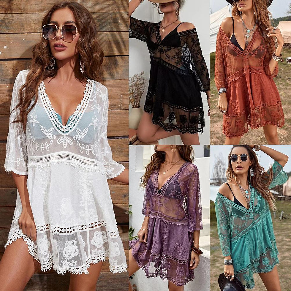 Thumbnail: Sexy Women's Mesh Bikini Cover-up Deep V-neck Swimsuit Set Summer Beach Short Sl