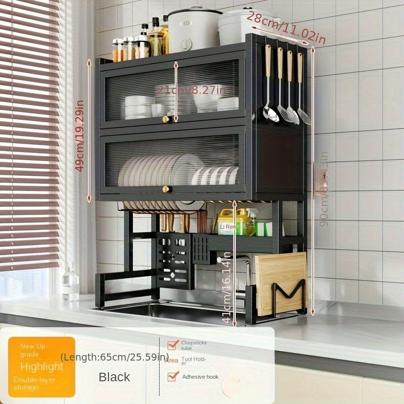 Thumbnail: Dish Rack with Utensil Holder for Sink - Dustproof Carbon Steel Organizer for Pl