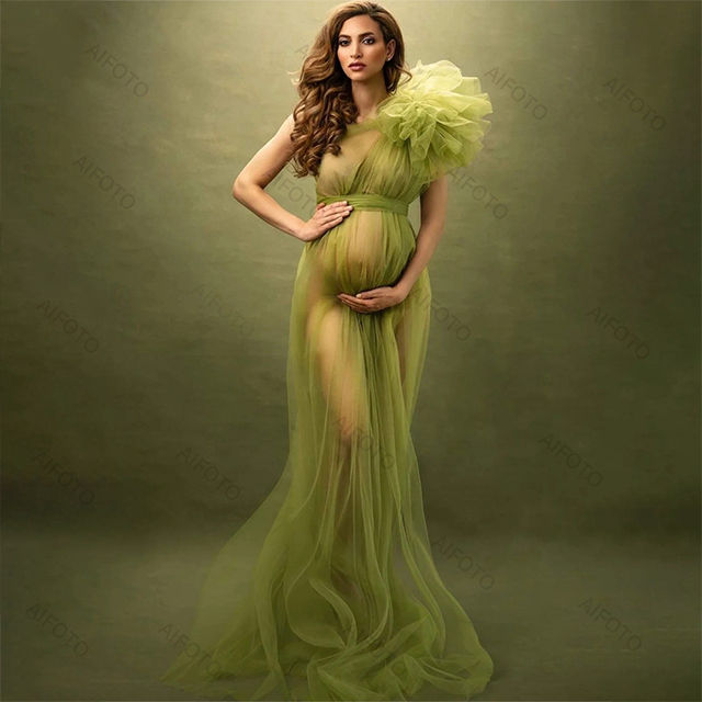 Thumbnail: One Shoulder Maternity Dresses Photoshoot Tulle Sexy Pregnant Women Photography 