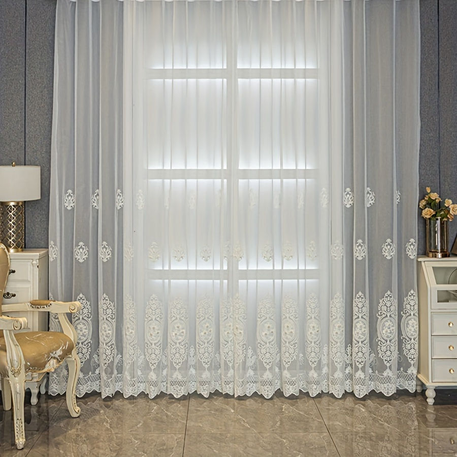 Thumbnail: 2pcs Elegant Handmade Faux Pearl & White Floral Embroidered Sheer Curtains - Del