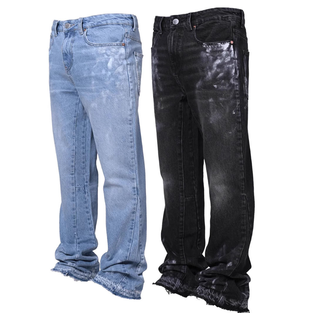Jeans Men Vintage Straight Pants Mid Waist Stretch Distressed Washed Pockets But
